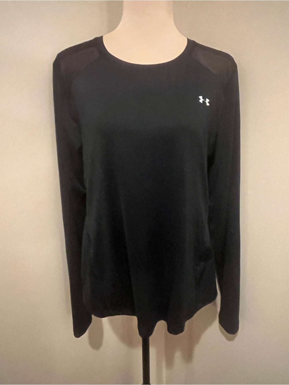 Under Armour Black Long-Sleeve Performance Top, sheer sections, back cutouts, lg